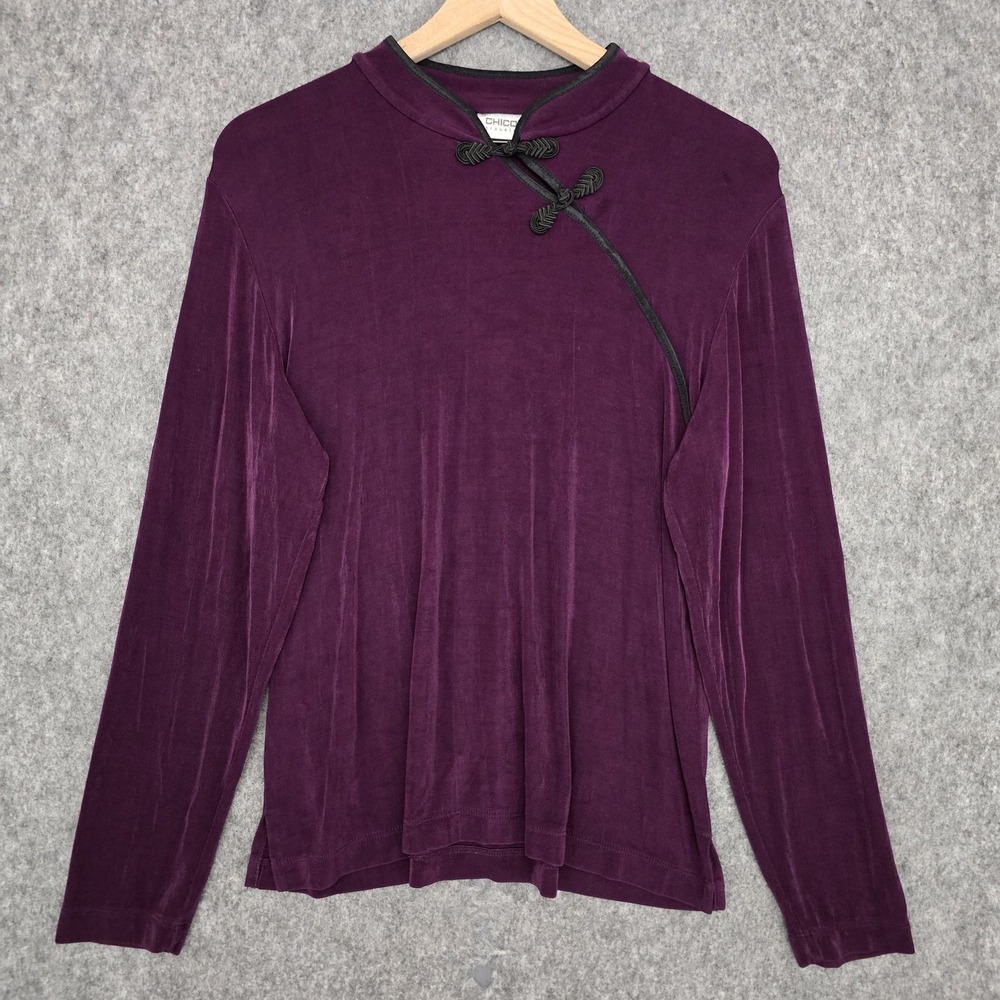 Chico's Travelers Blouse Womens 2(L/12) Purple Mandarin Collar Asian Buttons Top